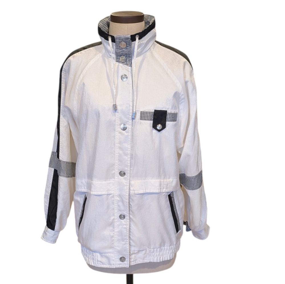 Vintage Current Seen white & black checked snap up windbreaker. Oversized Small